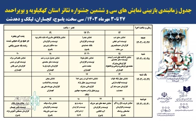 از سوی دبیرخانه سی‌وششمین دوره

جدول بازبینی نمایش‌های تئاتر استان کهگیلویه و بویراحمد منتشر شد